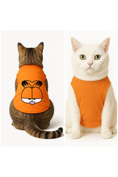 Buddy Store Kedi Kıyafeti Elbiseleri Atlet - Garfield Baskılı Turuncu Atlet - L Beden