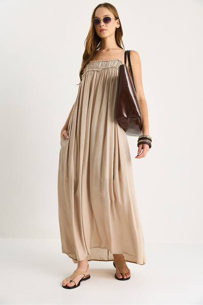 Bianco Lucci Women's Thin Strap Gathered Pocket Detailed Lined Thin Cotton Dress 60283512