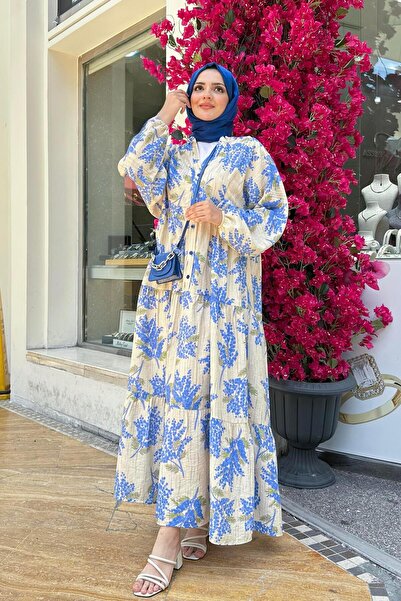 Sevitli Mimoza Desenli Yarım Düğmeli Robalı Elbise-Mavi