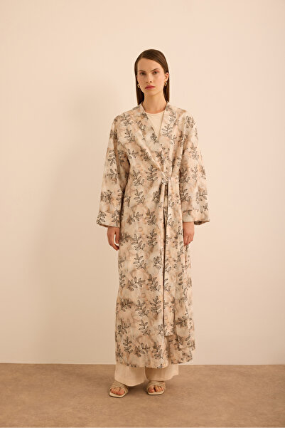 Aker Yaprak Desenli Keten Yandan Bağlamalı Kimono