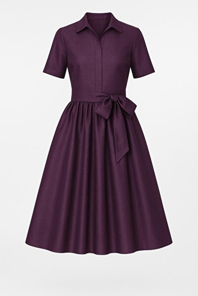 MERT ERKAN Kuşaklı & Kısa Kollu Midi Boy Tafta Gömlek Elbise