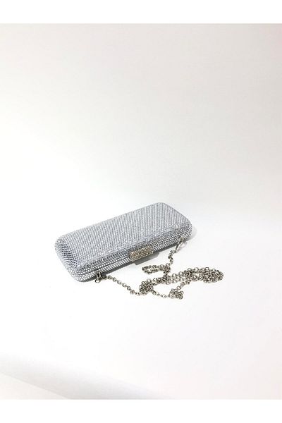 womenacs Silver Color Double Side Stone Material Rectangular Shape Evening Dress Portfolio Clutch Wedding Night Bag