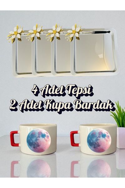 lili hediyelik 4-Piece Daisy Tray Coffee Presentation Tray 21X21 cm - 2-Piece Moon Small Coffee Cup Mug