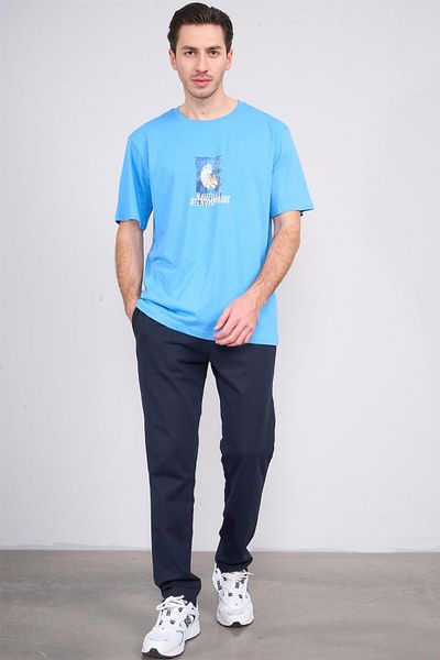 Çetinkaya Chester Polo 3866 Crew Neck 30/1 Combed Regular Printed T-Shirt Blue