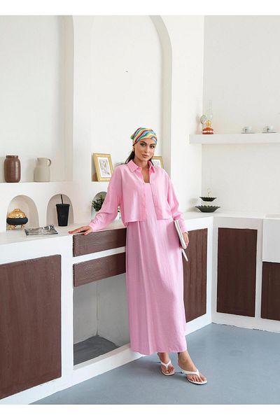 FMN Collection Midi Length Casual Stylish Dress Button Design Shirt Hijab Compatible Multiple Double Suit Strap Loose Fit