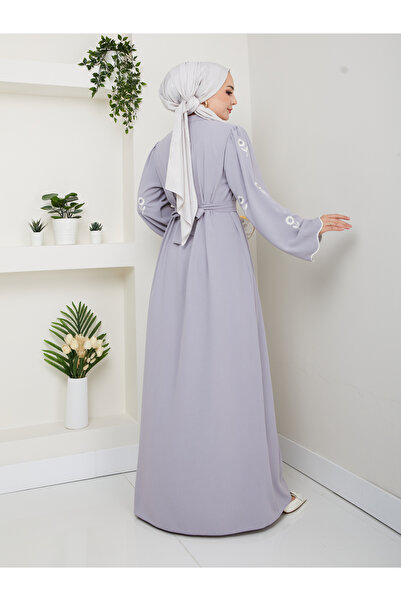 MY QILAM Number 10 Fashion Tested Clothing Sleeve Flower Embroidery Detail Ferace Evening Dress Gray 10Nmr4001