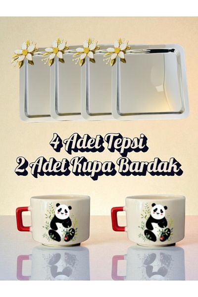 lili hediyelik 4-Piece Daisy Tray Coffee Presentation Tray 21X21 cm - 2-Piece Panda Small Coffee Cup Mug