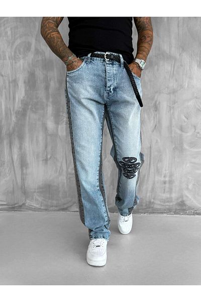 ablukaonline Men's Baggy Fit Embroidered Comfortable Fit Jean Trousers Blue