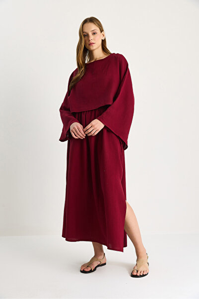 Bianco Lucci Women's Bat Sleeve Crop Slit Detail Skirt Muslin Set 9280-1 60283504