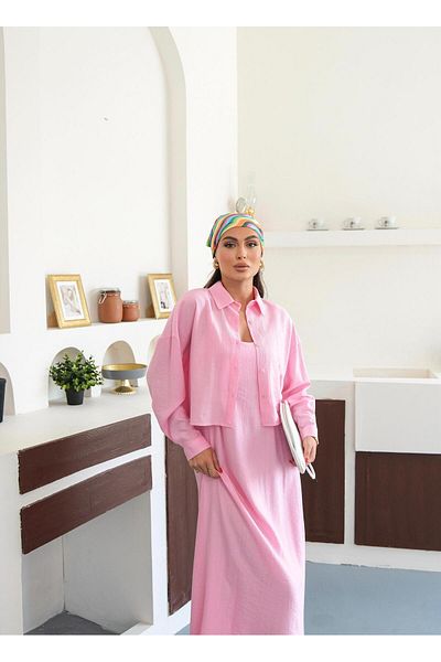 FMN Collection Midi Length Casual Stylish Dress Button Design Shirt Hijab Compatible Multiple Double Suit Strap Loose Fit
