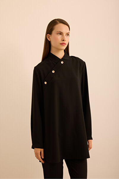 Aker Yakası Asimetrik , Metal Düğme Detaylı Dokuma Tunik