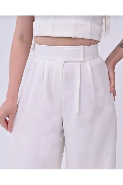 aytenli High Waist Front Pleated Velcro Closure Plus Size Seersucker Palazzo Pants