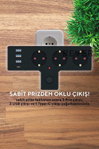 Rever Akım Korumalı 3'lü Priz 3x USB / 1x Type-C / 3x Priz Duvar Tipi Çoğaltıcı