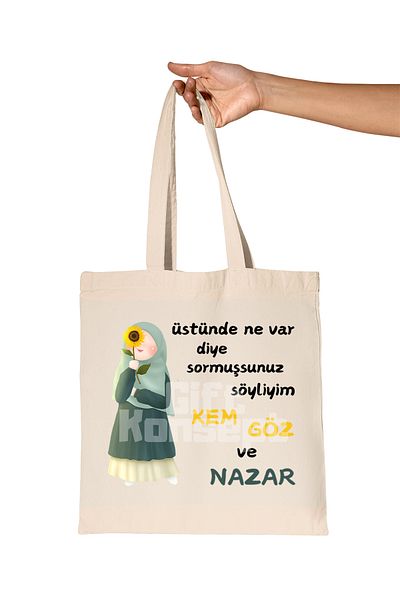 giftkonsept Cream Eye and Evil-Eye-Words-Girl with Hijab Printed Gift Organic Raw Cloth Bag