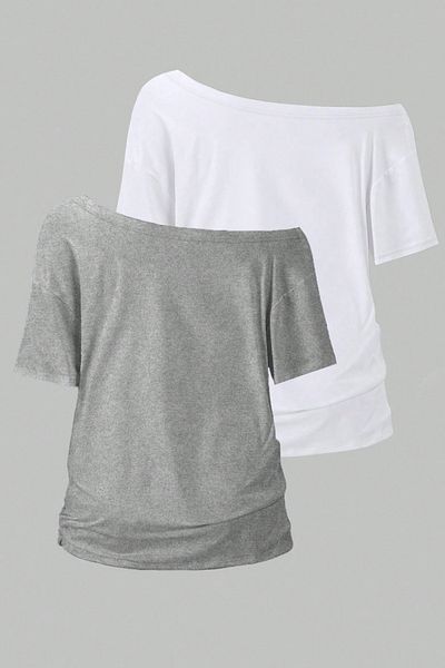 Tarz Cool Gray White 2-Pack Women's Off Shoulder Boat Neck Oversize T-Shirt