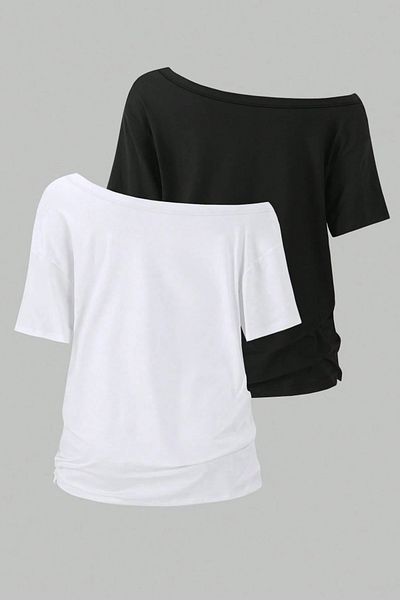 Tarz Cool Black and White 2-Pack Women's Off Shoulder Boat Neck Oversize T-Shirt