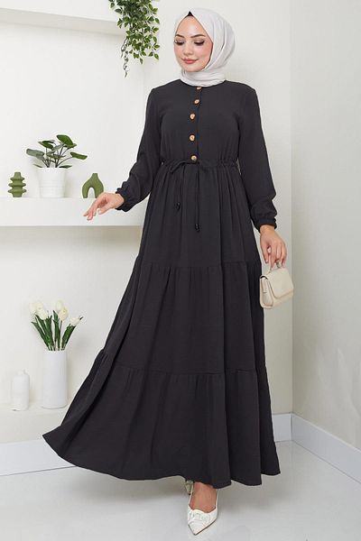 hafsamina Ayrobin Dress with Gathered Buttons Anthracite Hm8811
