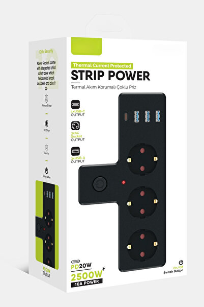 Rever Akım Korumalı 3'lü Priz 3x USB / 1x Type-C / 3x Priz Duvar Tipi Çoğaltıcı