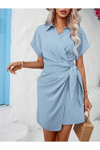 Masspera Gömlek Yaka Kısa Kollu Yandan Bağlamalı Detay Dokuma Elbise