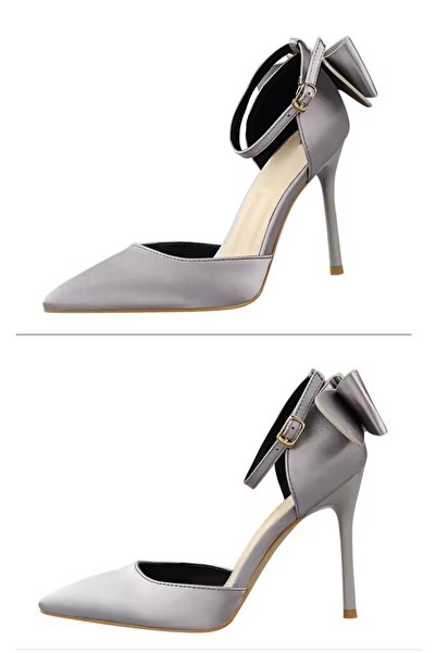 Felisya Butik Φιόγκος Λεπτομερή γκρι σατέν παπούτσια με τακούνι 10,5 cm-felisyabutik