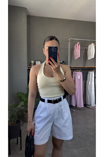 YOUR NAME Bluză material reiat cu decolteu în spate și guler halter