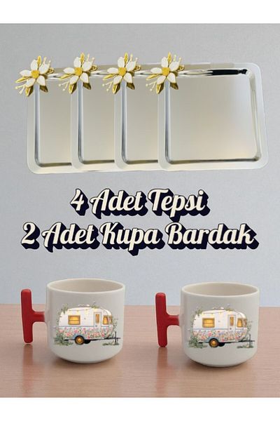 lili hediyelik 4-Piece Daisy Tray Coffee Presentation Tray 21X21 cm - 2-Piece Caravan Red Handled Coffee Cup