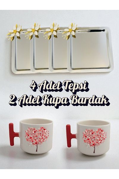lili hediyelik 4-Piece Daisy Tray Coffee Presentation Tray 21X21 cm - 2-Piece Heart Red Handled Coffee Cup