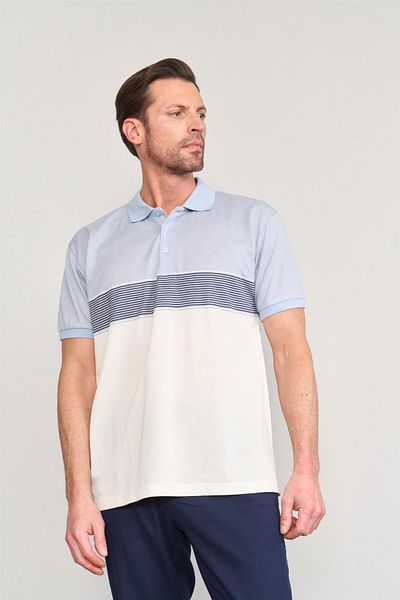 Çetinkaya Chester Polo 3771 Men's Polo Neck Ringel Report Pique T-Shirt Light Blue - Cream