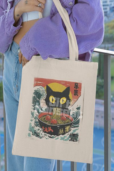 giftkonsept Ramen Illustration Cat 6 Printed Cute Noodle Cat Printed Gift Organic Raw Cloth Bag