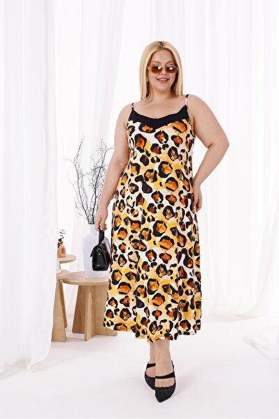 Siyezen Plus Size Cotton Lycra Patterned Dress with Rope Straps