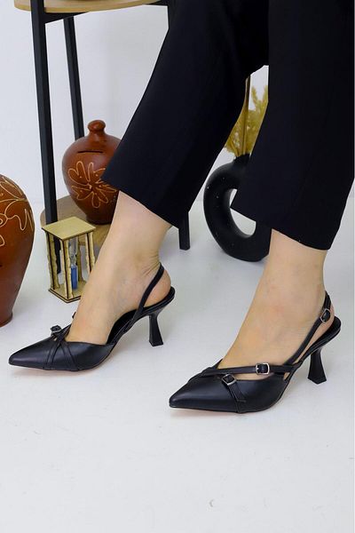 OBAY LİFE Women's Black Double Belt Casual 7 cm Classic Heeled Shoes Nbr3088