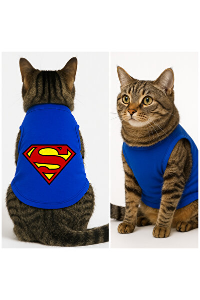 Buddy Store ملابس قطط - قميص داخلي مطبوع عليه Super CAT - قميص داخلي أزرق - مقاس M