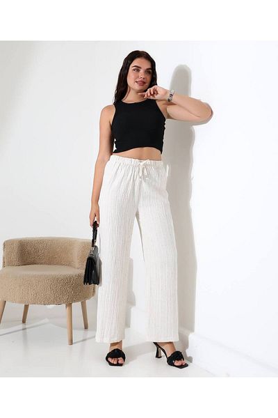aytenli High Waist Elastic Lace-Up Waist Wrinkled Cotton Seersucker Palazzo Pants