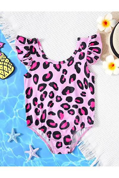 MODA Kız Çocuk Pembe Leopar Desenli Tek Parça Mayo – Fırfır Kollu