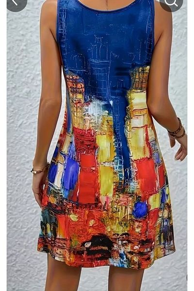 BLACK Multi-Color Batik Patterned Midi Soft Combed Cotton Dress on Turquoise Background