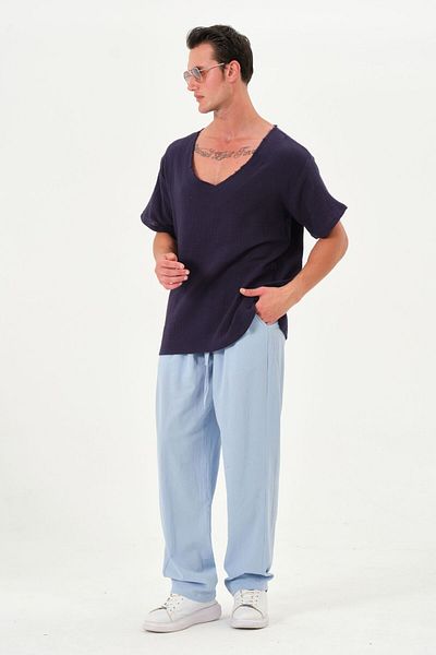 RELAXL 100% Cotton Şile Diaper Loose Long Leg Summer Trousers Baby Blue