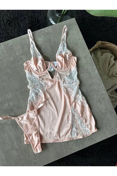 Lavinlingeriee Cămașă de noapte cu detaliu din dantelă din satin (mireasă, logodnă, căsătorie, căsătorie, nuntă)