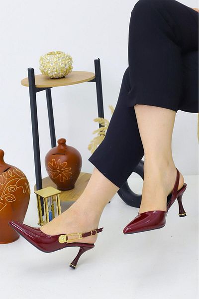 OBAY LİFE Women's Burgundy Patent Leather Daily 7 cm Classic Heeled Shoes Nbr3086