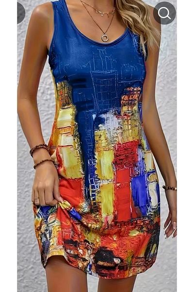 BLACK Multi-Color Batik Patterned Midi Soft Combed Cotton Dress on Turquoise Background