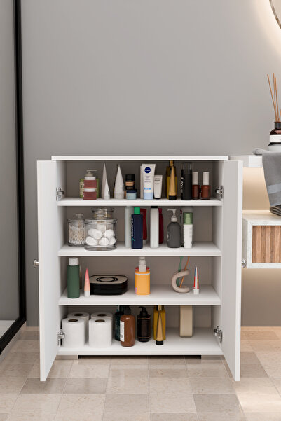 Remaks 4 Bölmeli Banyo Dolabı Banyo Rafı Çok Amaçlı Dolap-BEYAZ