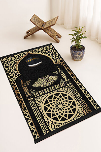 Realhomes Kâbe Motifli Siyah Altın Dijital Baskılı Kaymaz Tabanlı Saçaklı Sec...