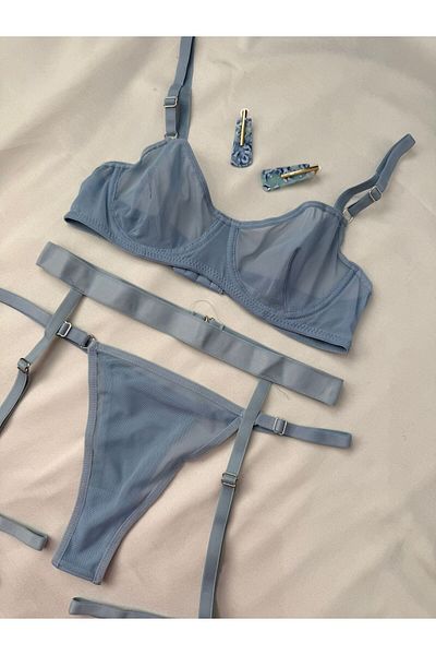 İNKO İÇ GİYİM Underwire Uncovered Tulle Detailed Patterned Bra Set (Bra Thong) Fancy Underwear Set