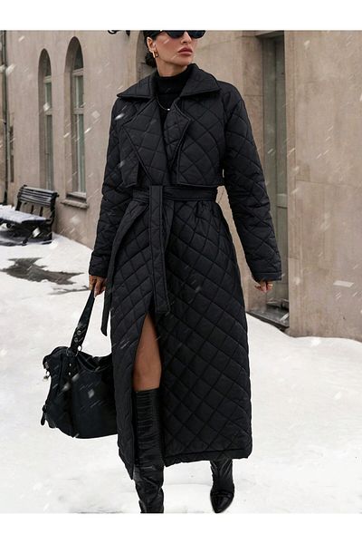SERBA Baklava Pattern Waist Lace-Up Long Women's Coat