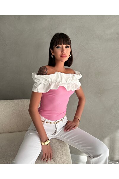 New Now Ruffled madonna collar bluz