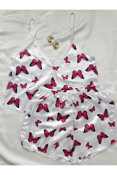 İNKO İÇ GİYİM Satin Patterned Adjustable Strap Shorts Pajama Set