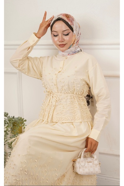 BZ BUTİK Leaf Embossed/Embroidery Detailed Belted Shirt Skirt Double Suit