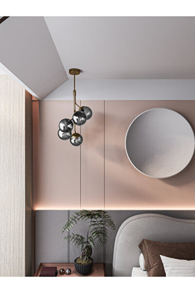avizade LUNO Modern Eskitme Metal Gövdeli 5'li Füme Cam Küre Avize | Aydınlat...