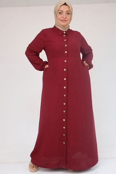 Eslina 42014 Ανδρικό φόρεμα με γιακά από λινό Plus Size - Claret Red