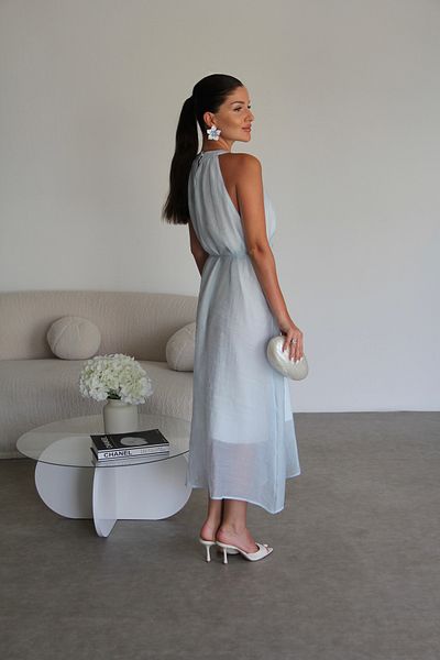 Julidress Blue Rose Detailed Belted Halter Neckline Lined Premium Slim Dress