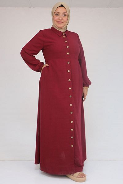 Eslina 42014 Ανδρικό φόρεμα με γιακά από λινό Plus Size - Claret Red